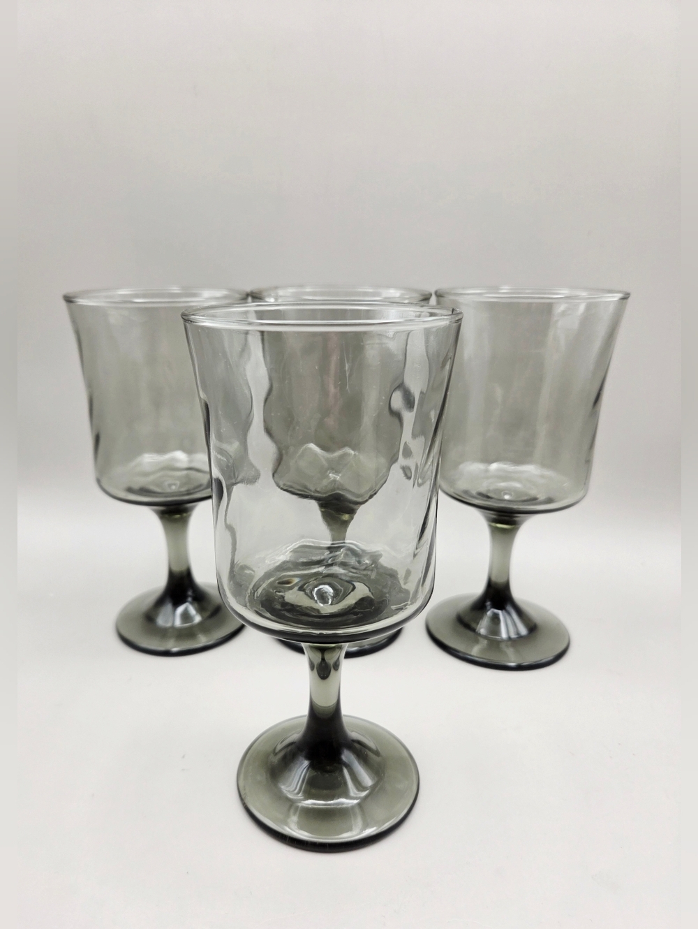 Libbey Vintage Smokey Gray Optic Swirl Glass Wine Goblets - Set of 4